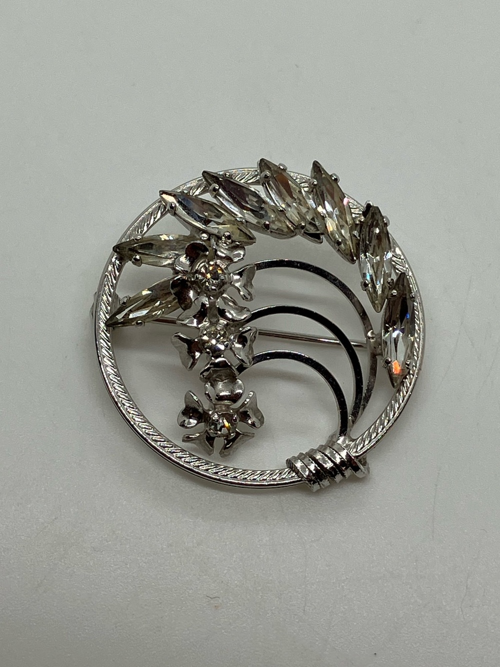 Vtg Emby Sterling Silver Glam Floral Wreath Crystal Brooch